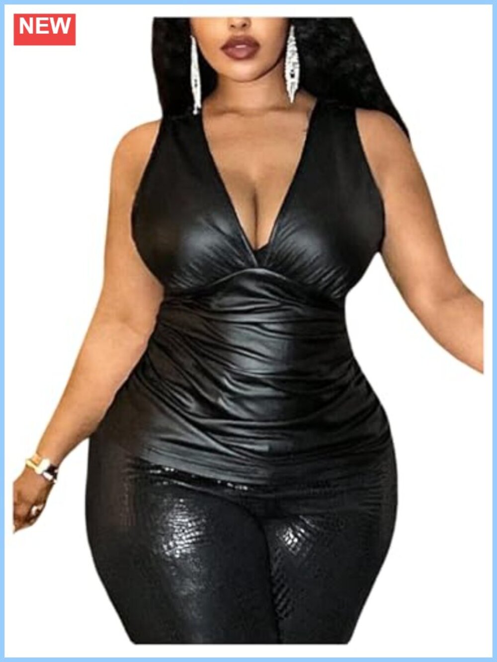 Plus Size PU Leather V Neck Ruched Tank Top Party Club